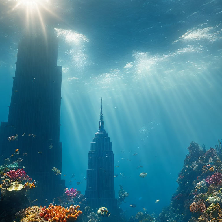 Skyscraper surrounded by coral reefs and fish in underwater scene