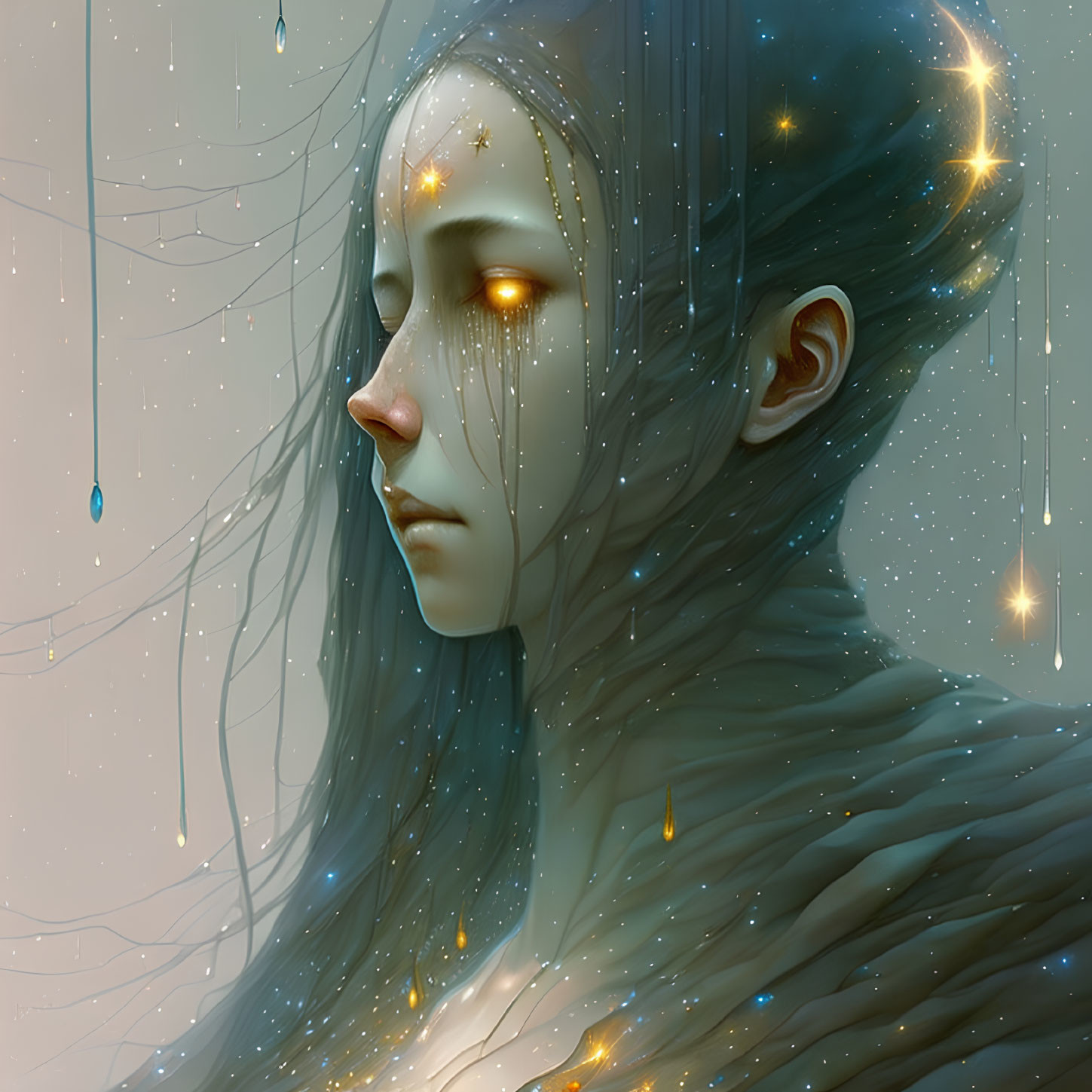 Digital artwork: Contemplative woman with glowing stars and teardrop lights in hair