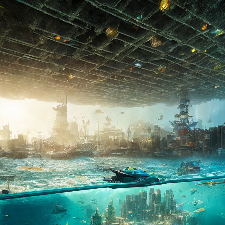 Futuristic inverted cityscape over water with submerged skyscrapers