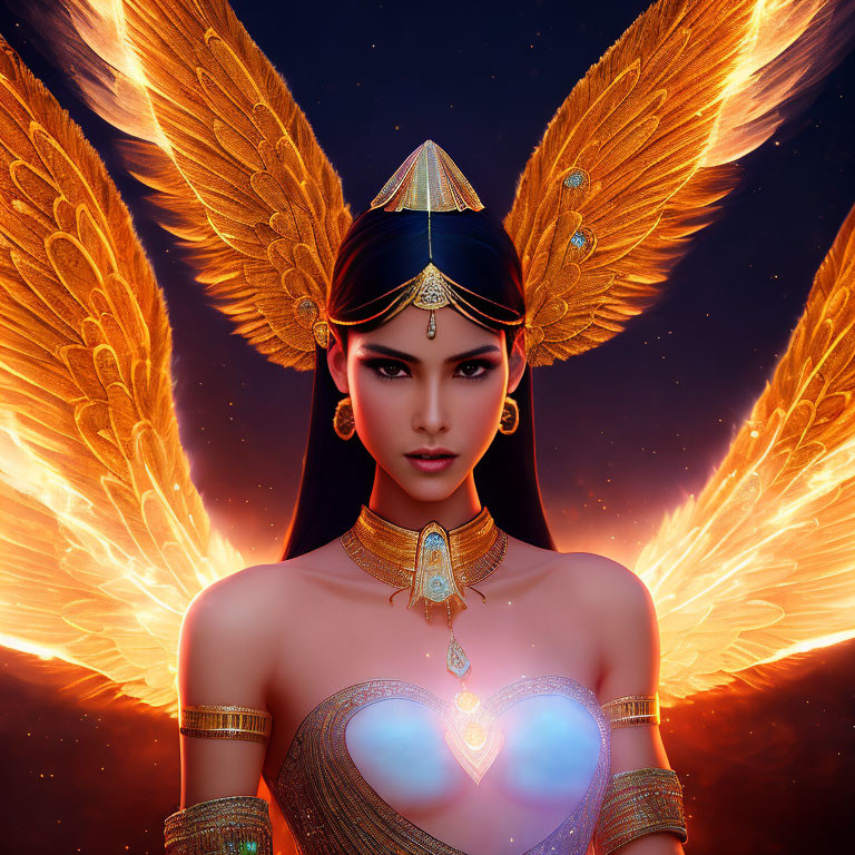 Digital artwork: Woman with golden fiery wings and Egyptian jewelry in twilight sky