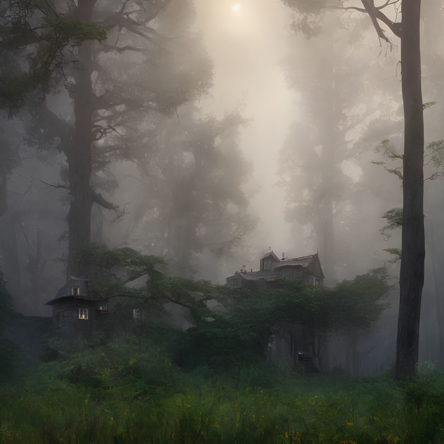 Misty Forest with Sunbeams on Old, Mystical House