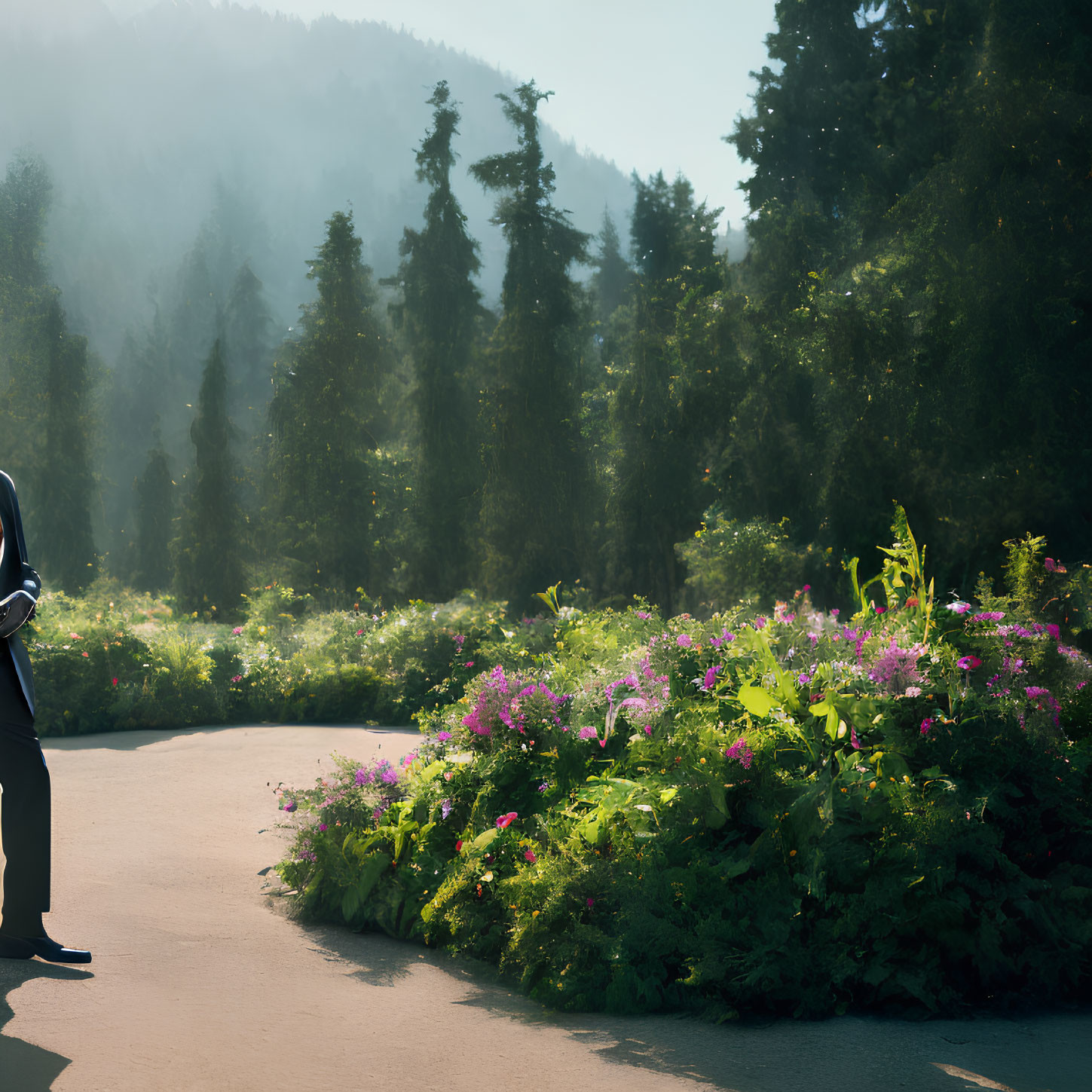 Person standing on sunlit path surrounded by vibrant flowers, towering trees, and misty forest.