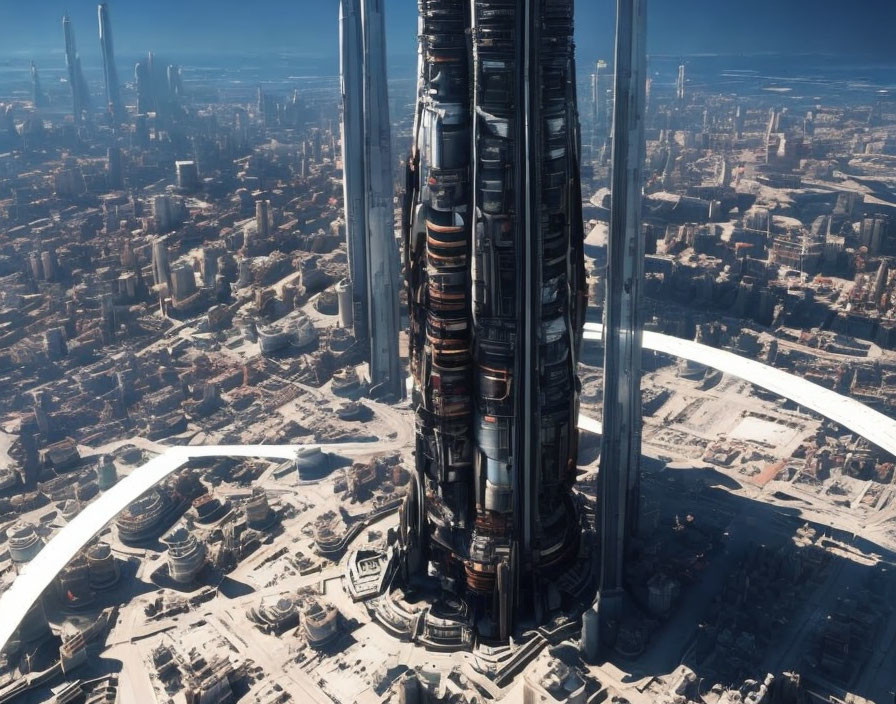 Futuristic cityscape with towering skyscraper and high-tech buildings