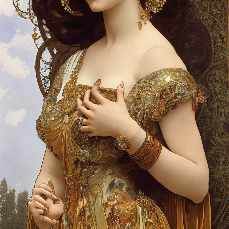 Detailed portrait of a woman in golden gown with ornate jewelry and dark hair against ornamental backdrop