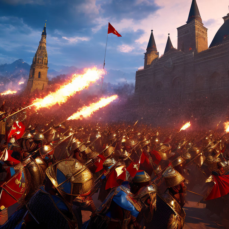 Medieval battle scene near castle with armored soldiers and fiery explosions.