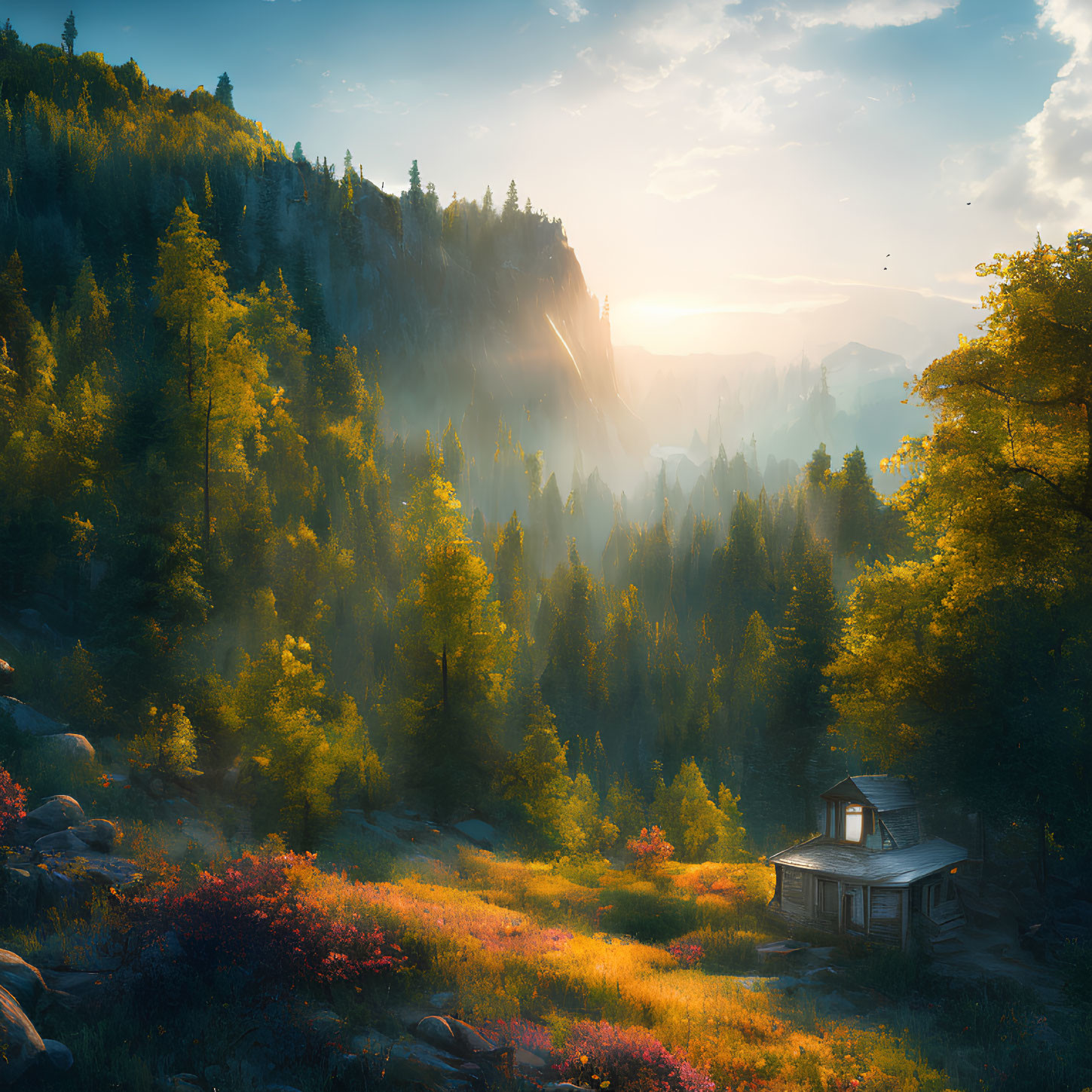 Tranquil sunset landscape with cabin, forest, hills, and sunbeams