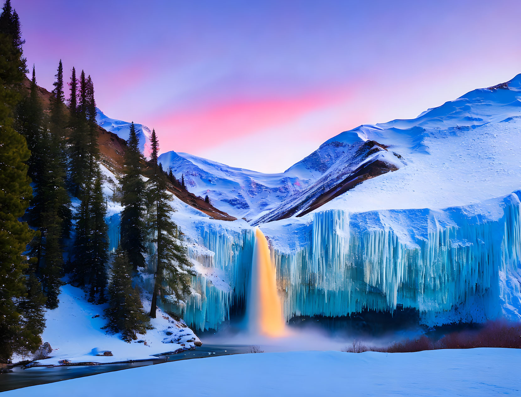 Frozen Waterfall Surrounded by Snowy Mountains at Dawn or Dusk