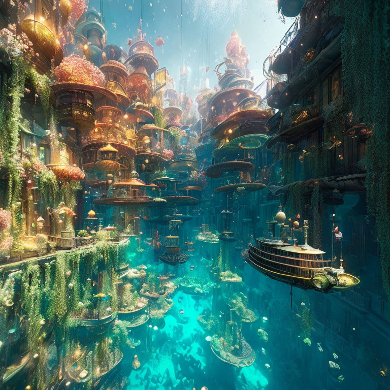 Futuristic underwater cityscape with marine flora and submarine.