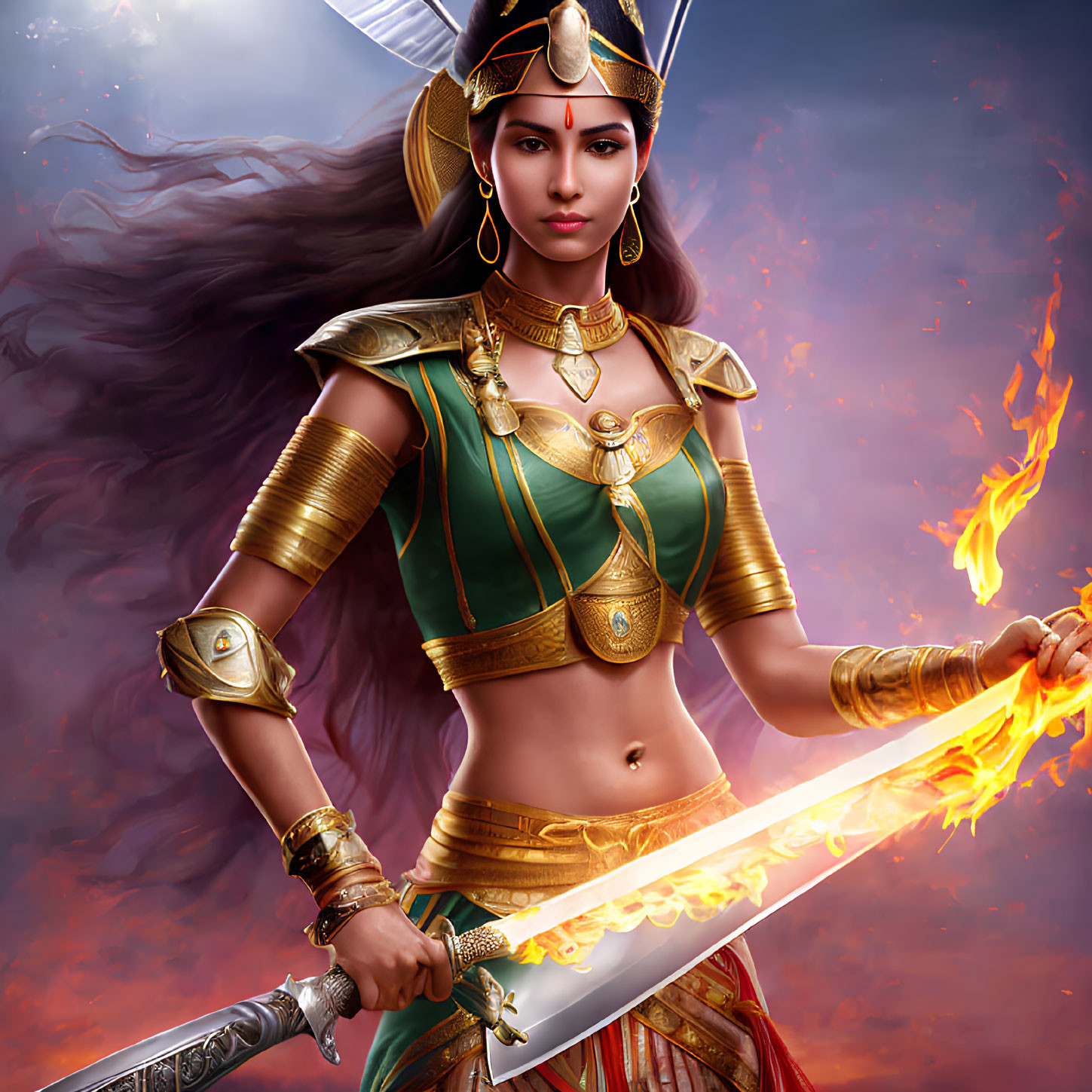 Warrior woman in golden armor wields flaming sword in stormy scene