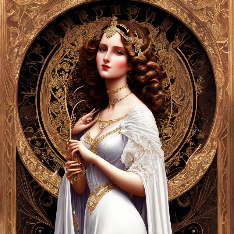 Elegant woman in white and gold dress with scepter and intricate golden designs