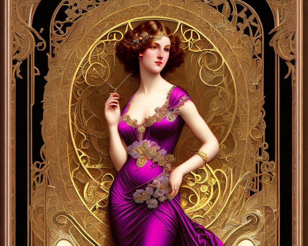 Digital Art: Woman in Purple Dress with Gold Embroidery on Art Nouveau Background