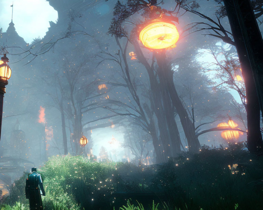 Mystical forest scene with glowing orbs, lanterns, and ethereal light