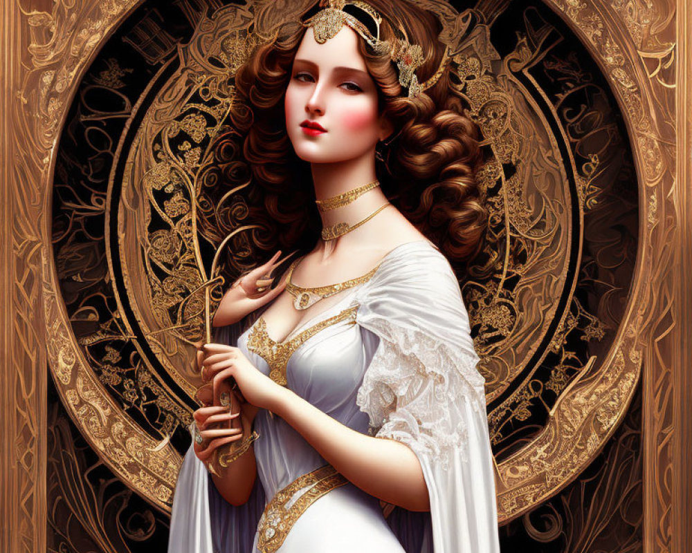 Elegant woman in white and gold dress with scepter and intricate golden designs