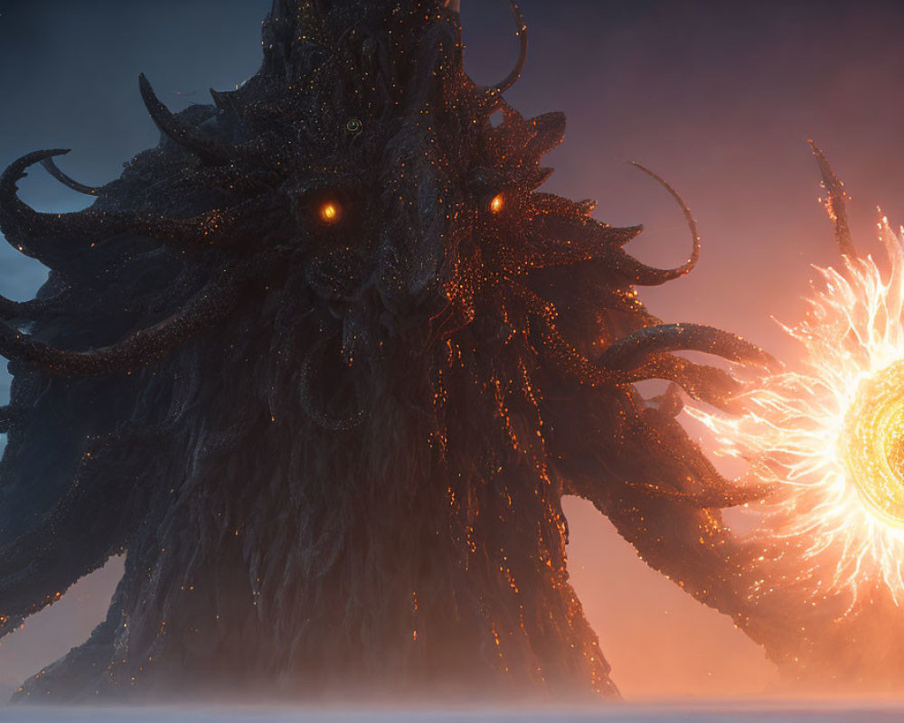 Glowing-eyed, dark tree entity with fiery orb backdrop