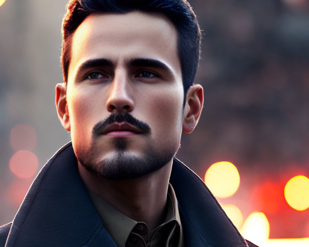 Close-up portrait of man with trimmed beard and intense gaze in coat with raised collar.