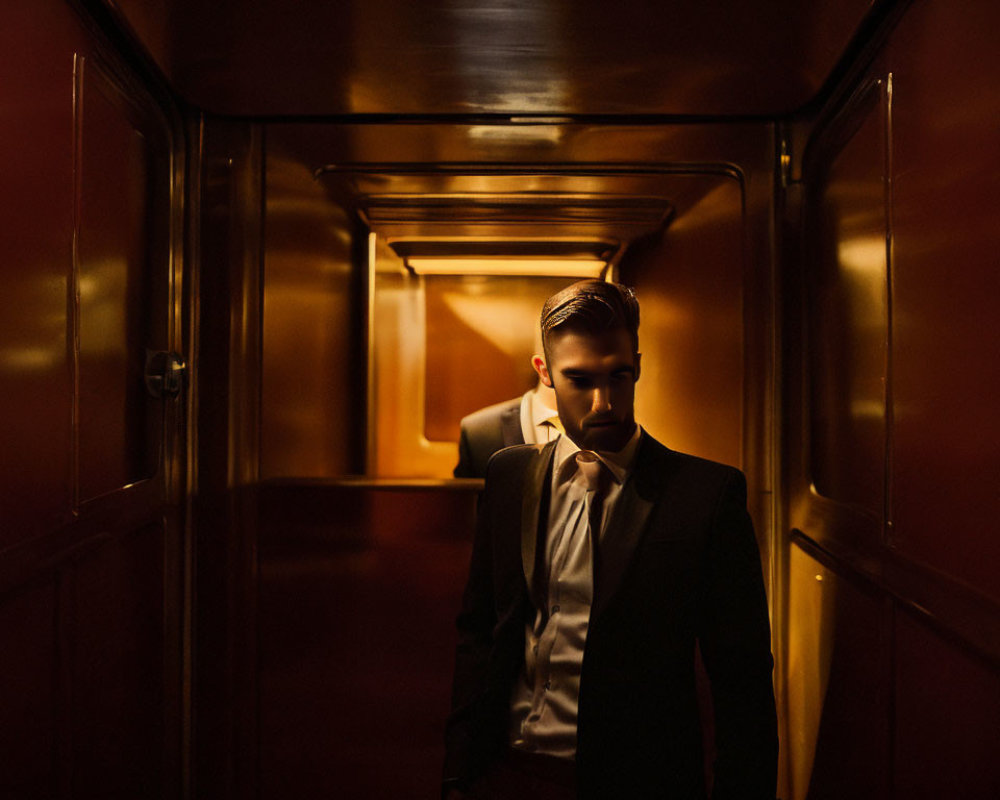 Man in Suit in Dimly Lit Corridor with Shadows