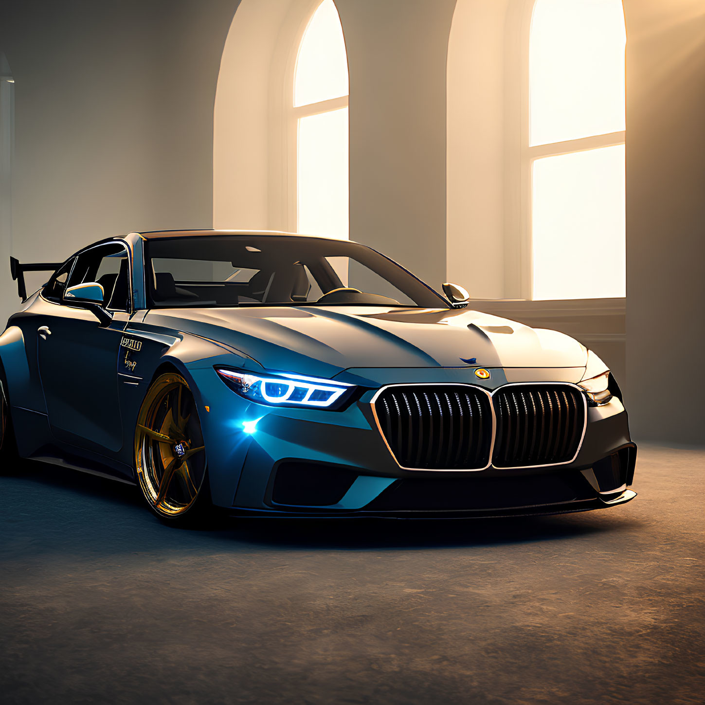 Blue Modified BMW with Large Rear Spoiler and Gold Rims in Indoor Setting