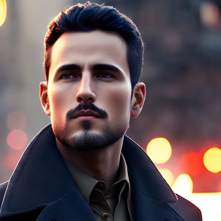 Close-up portrait of man with trimmed beard and intense gaze in coat with raised collar.