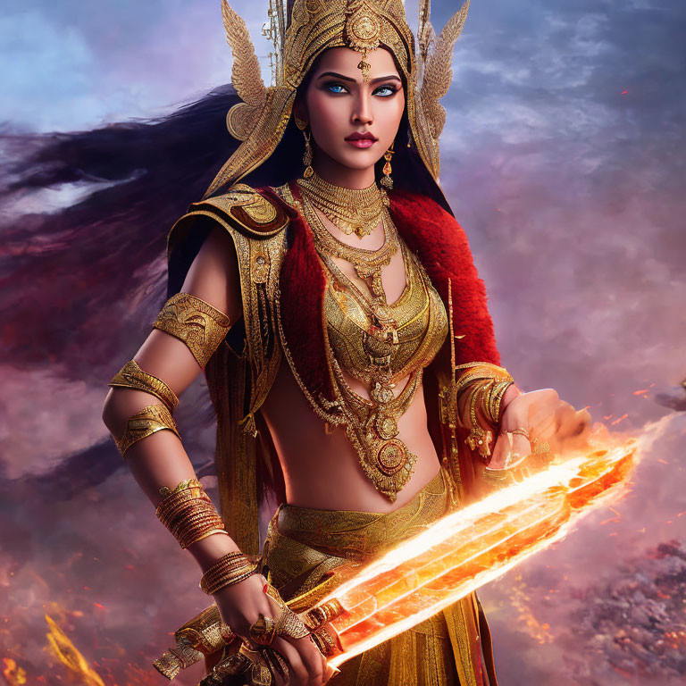 Warrior woman in golden armor with flaming sword against dramatic sky