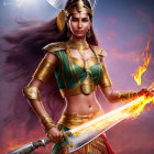 Warrior woman in golden armor wields flaming sword in stormy scene