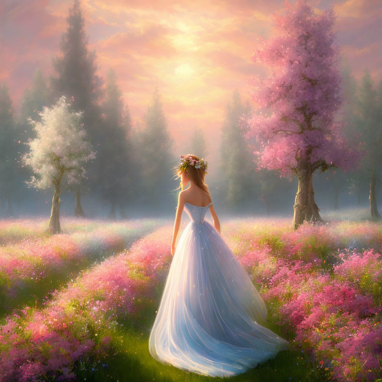 Woman in White Dress Stands in Meadow at Sunset