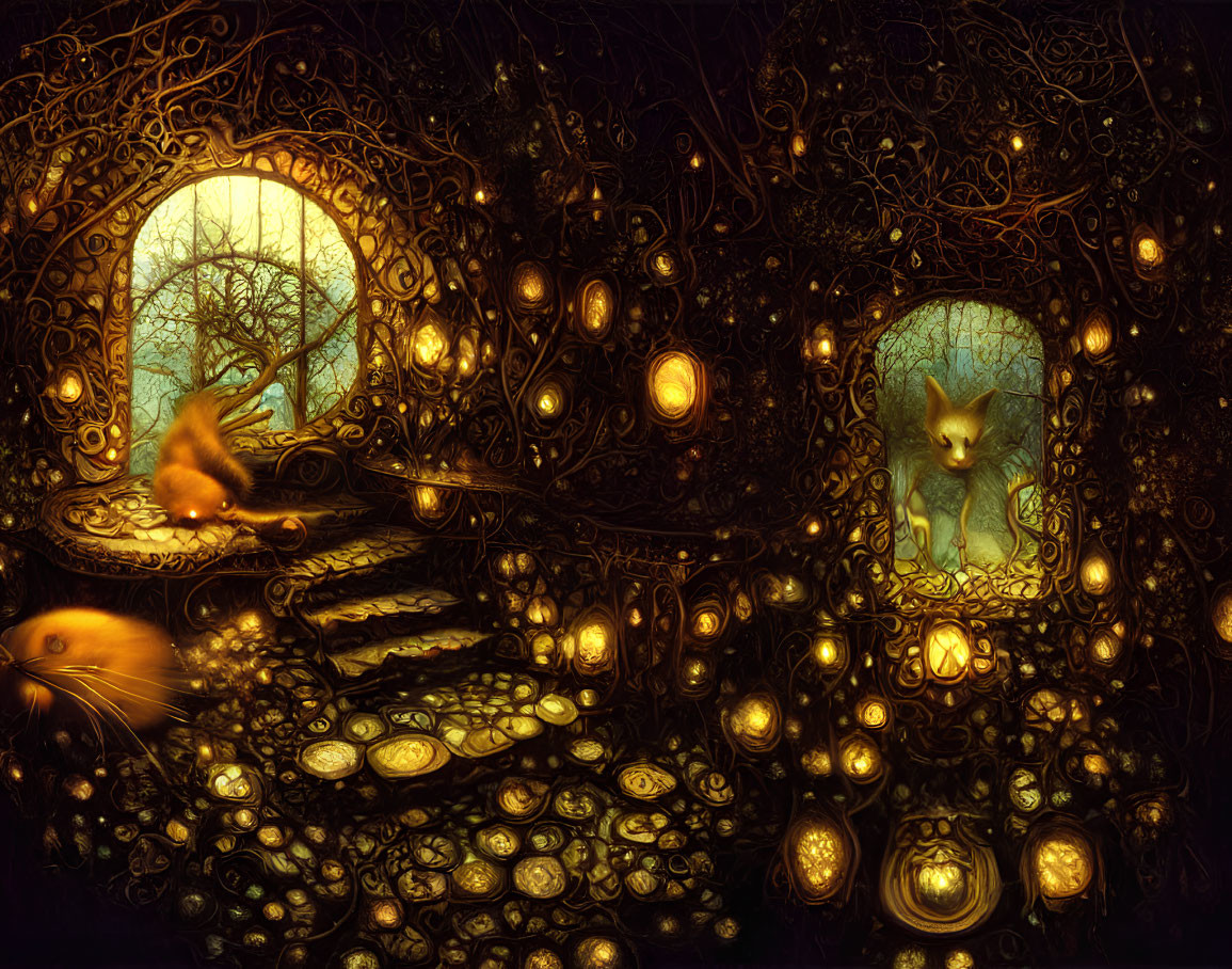 Fantastical golden-lit scene with whimsical tree branches and glowing orbs