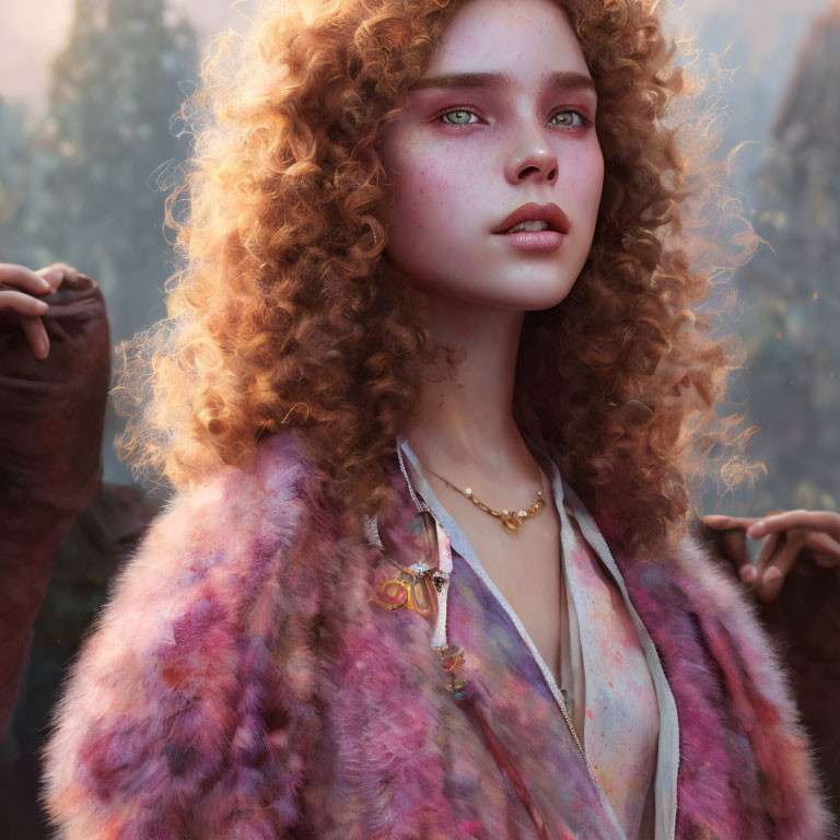 Digital artwork of woman with red curly hair, freckles, green eyes, fur coat, soft