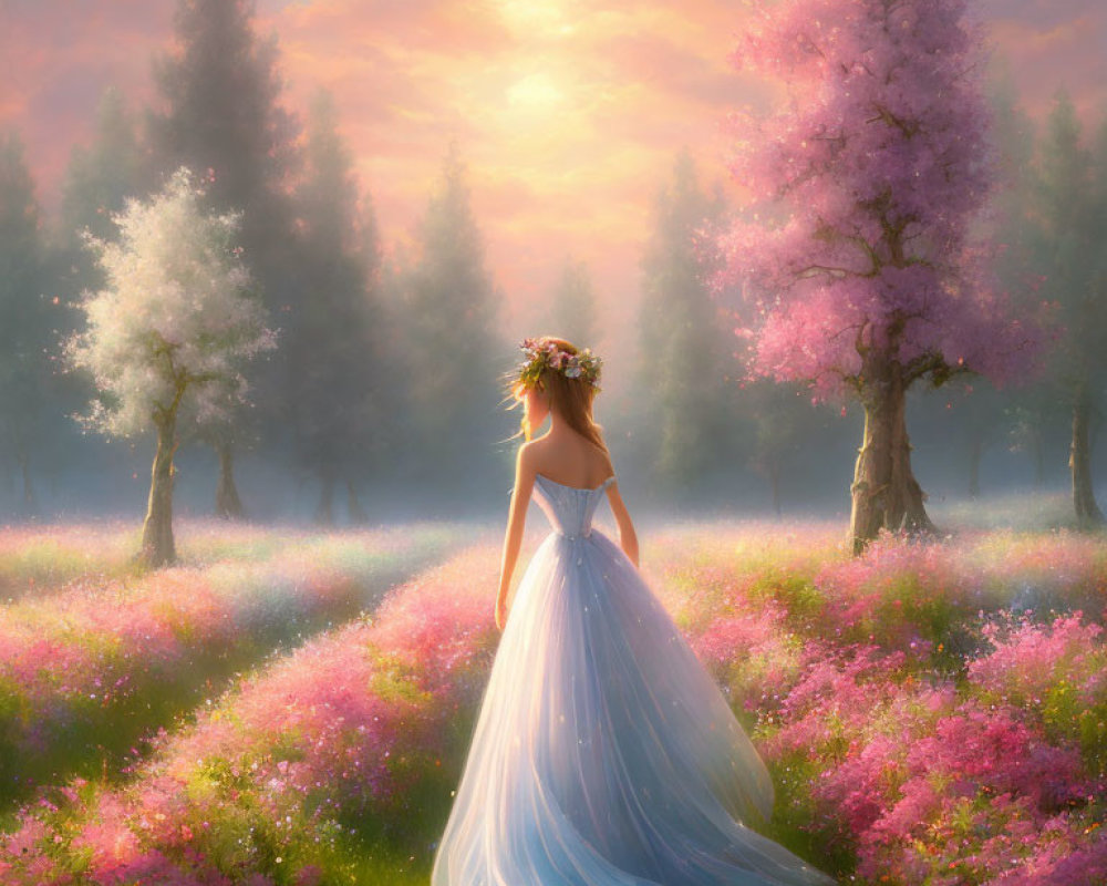 Woman in White Dress Stands in Meadow at Sunset