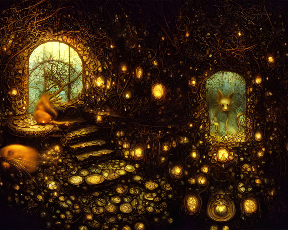 Fantastical golden-lit scene with whimsical tree branches and glowing orbs