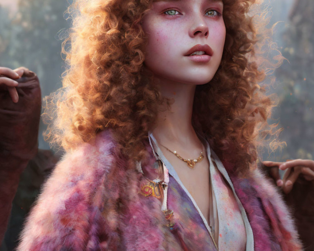 Digital artwork of woman with red curly hair, freckles, green eyes, fur coat, soft