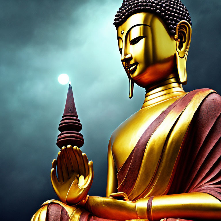 Golden Buddha Statue with Raised Hand Under Glowing Light