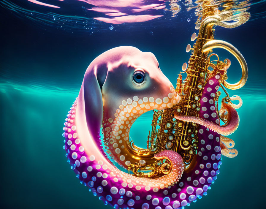 Dolphin with golden saxophone in underwater scene