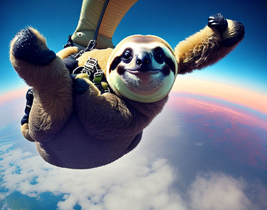 Sloth skydiving with a smile and parachute harness