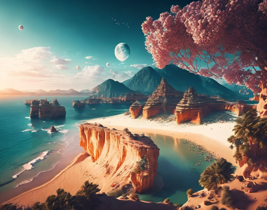 Fantasy landscape with beach, blooming tree, mountains, rocks, and multiple moons