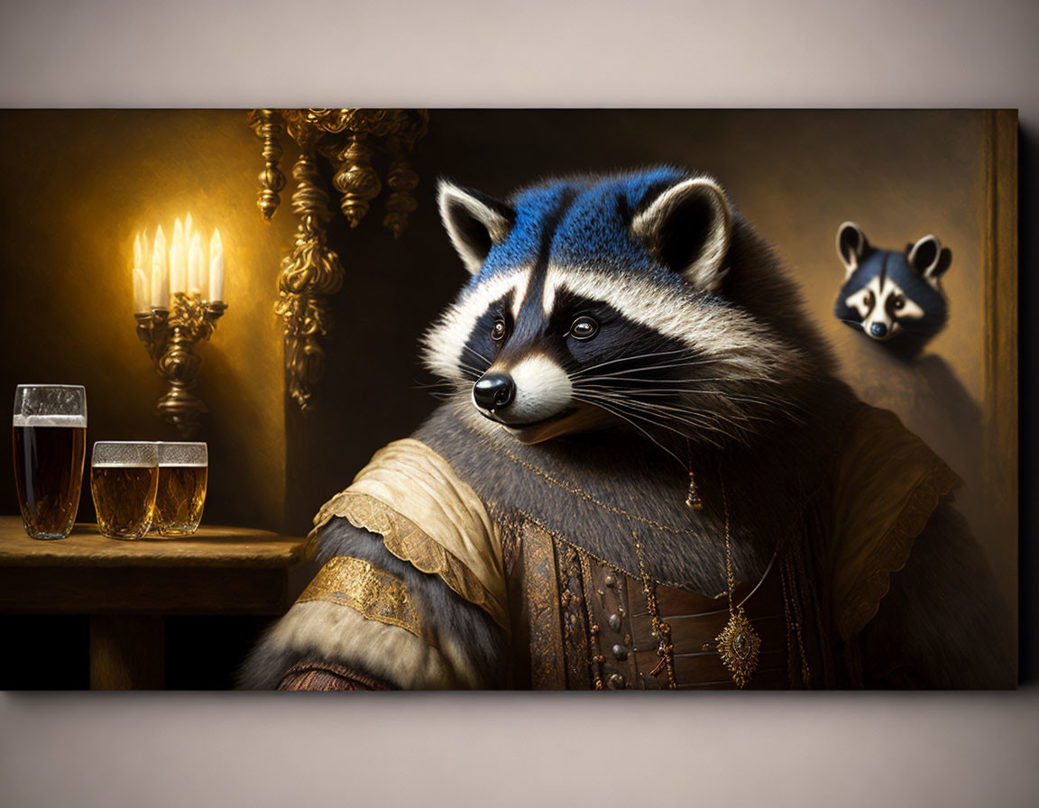 Renaissance-themed painting featuring raccoons at a table with beer