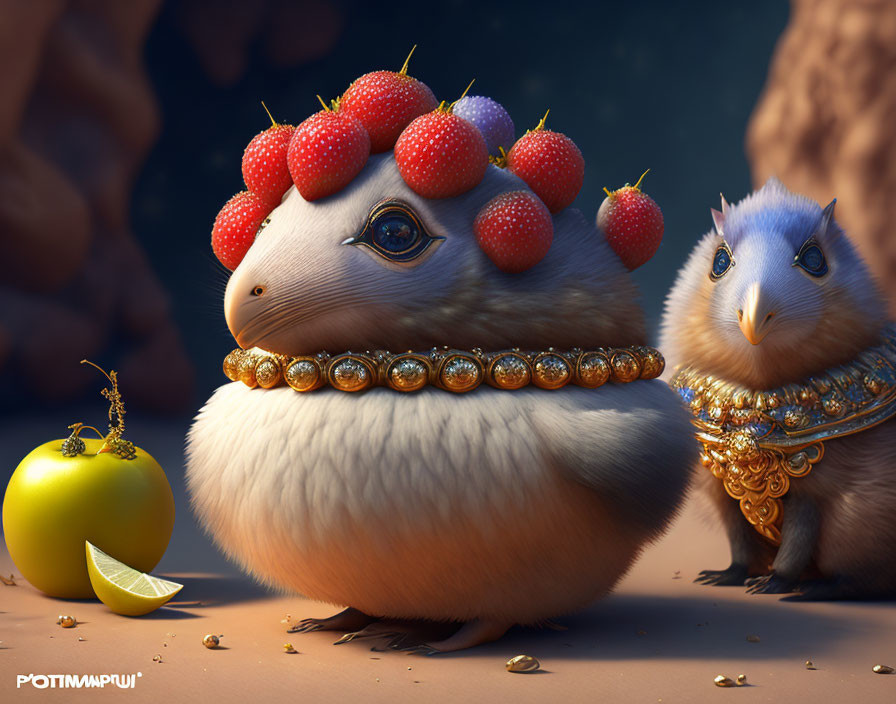 Digital art: Two fluffy creatures with bird-like faces, strawberries, golden jewelry, and a lemon.