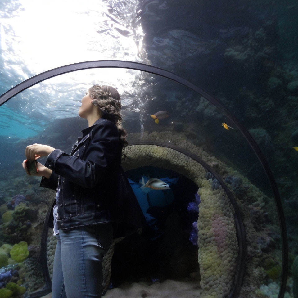 Underwater viewing tunnel with aquatic life and coral under sunlight