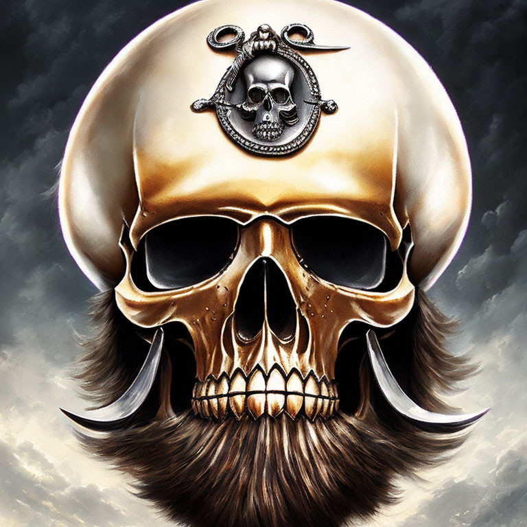 Stylized skull with full beard and pirate hat emblem on cloudy background