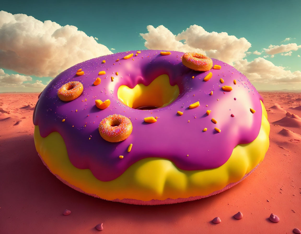 Colorful Giant Doughnut with Purple Icing in Desert Landscape