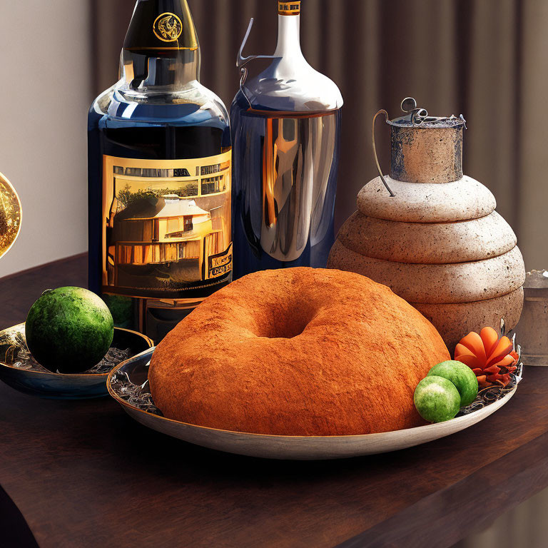 Large circular bread, watermelon, vegetables, stones, liquor bottle, and silver container in still life