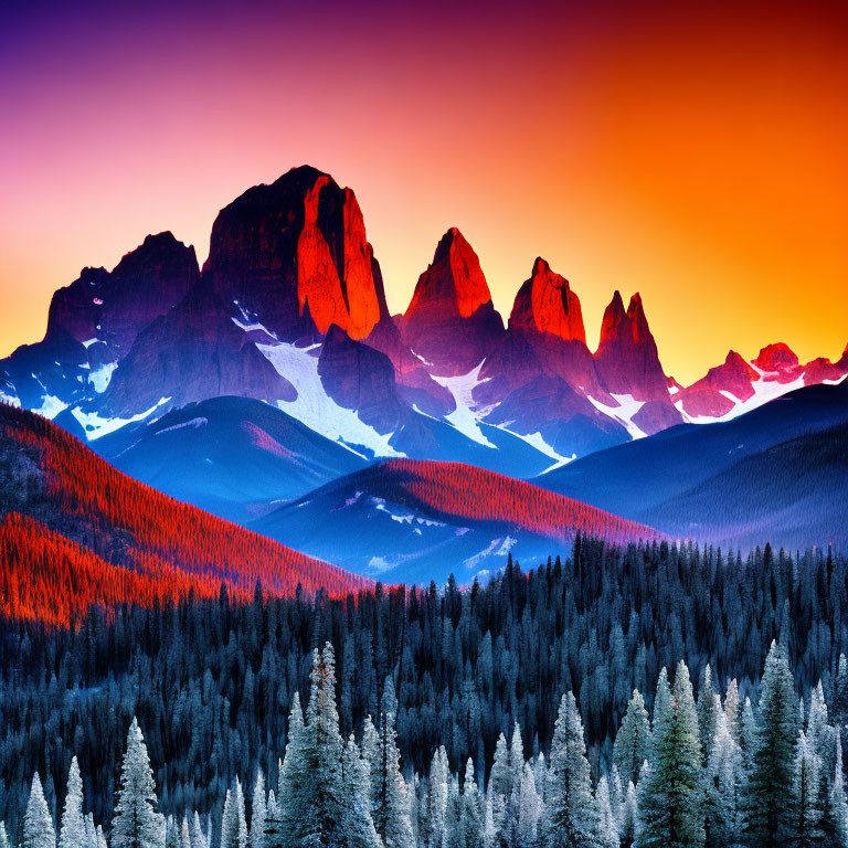 Vibrant sunset over snow-capped mountains and forest landscape