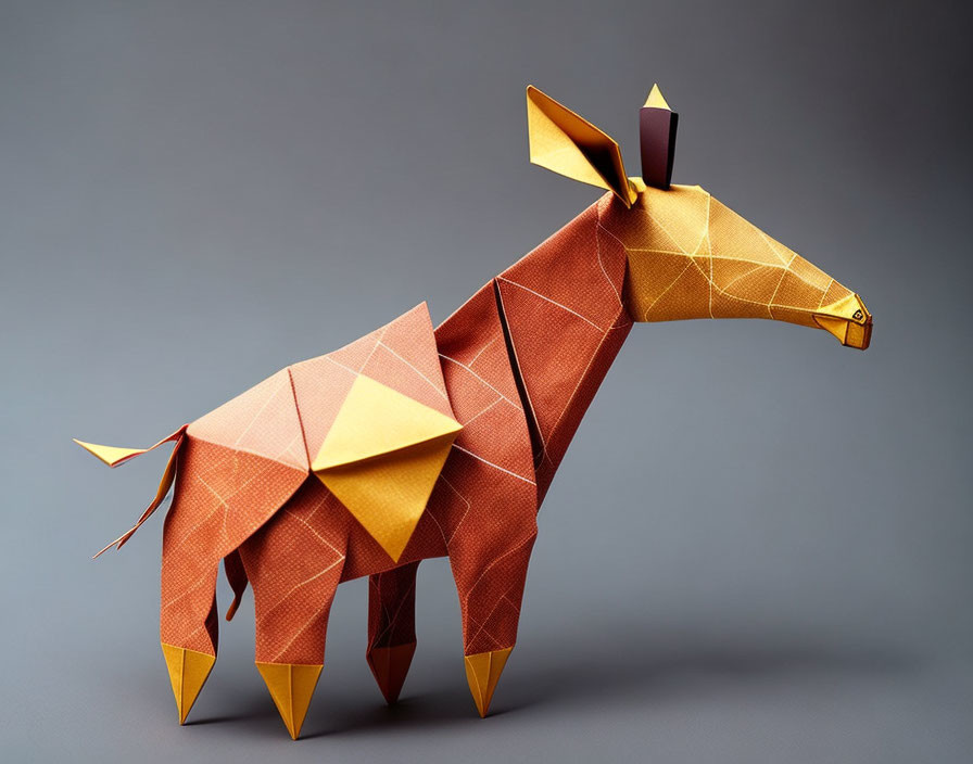 Intricate geometric origami giraffe on gray background