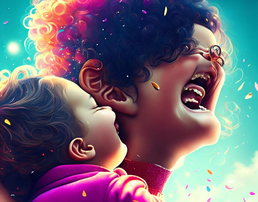 Colorful digital illustration of woman and child laughing with confetti in dreamy setting