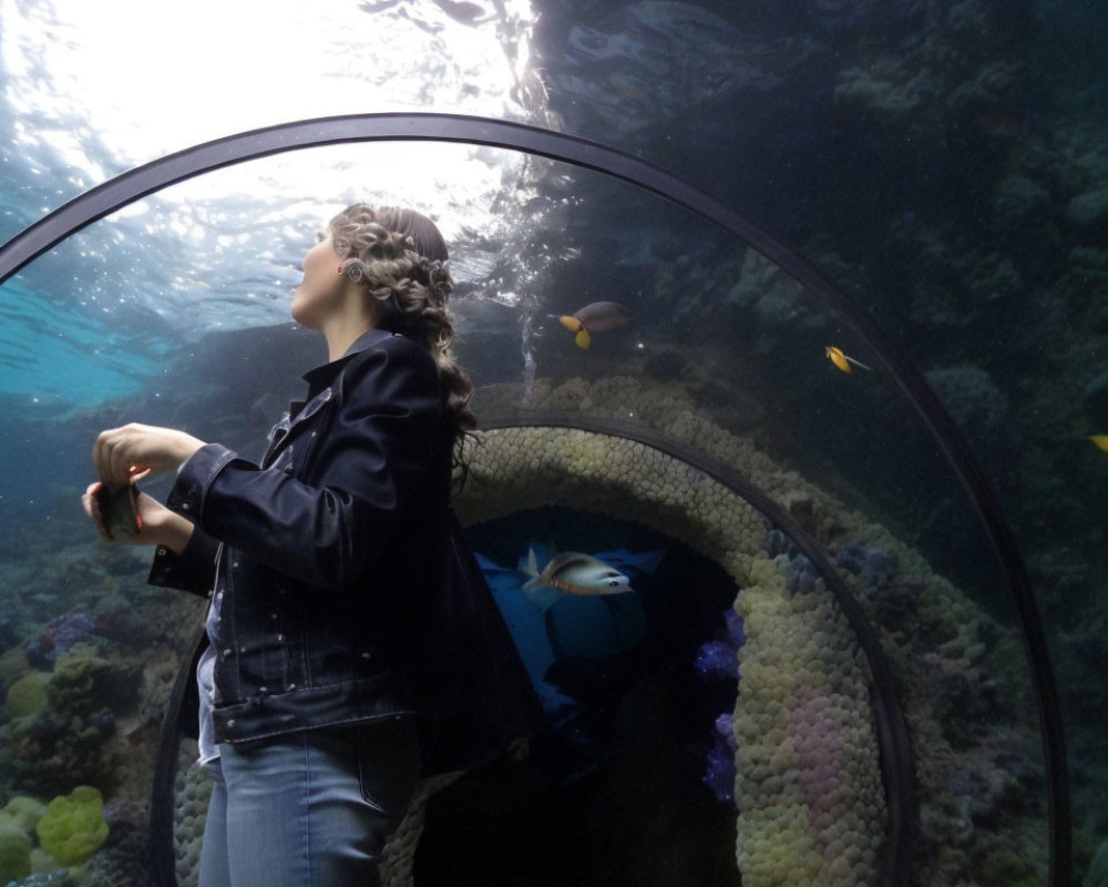 Underwater viewing tunnel with aquatic life and coral under sunlight