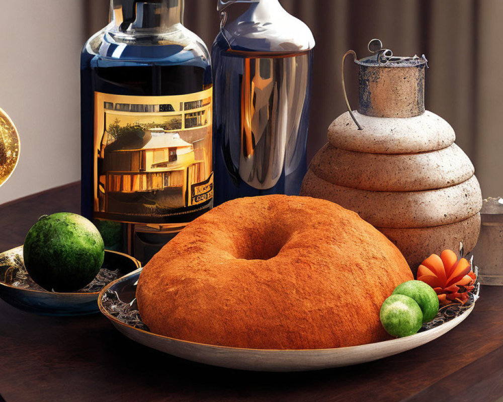 Large circular bread, watermelon, vegetables, stones, liquor bottle, and silver container in still life