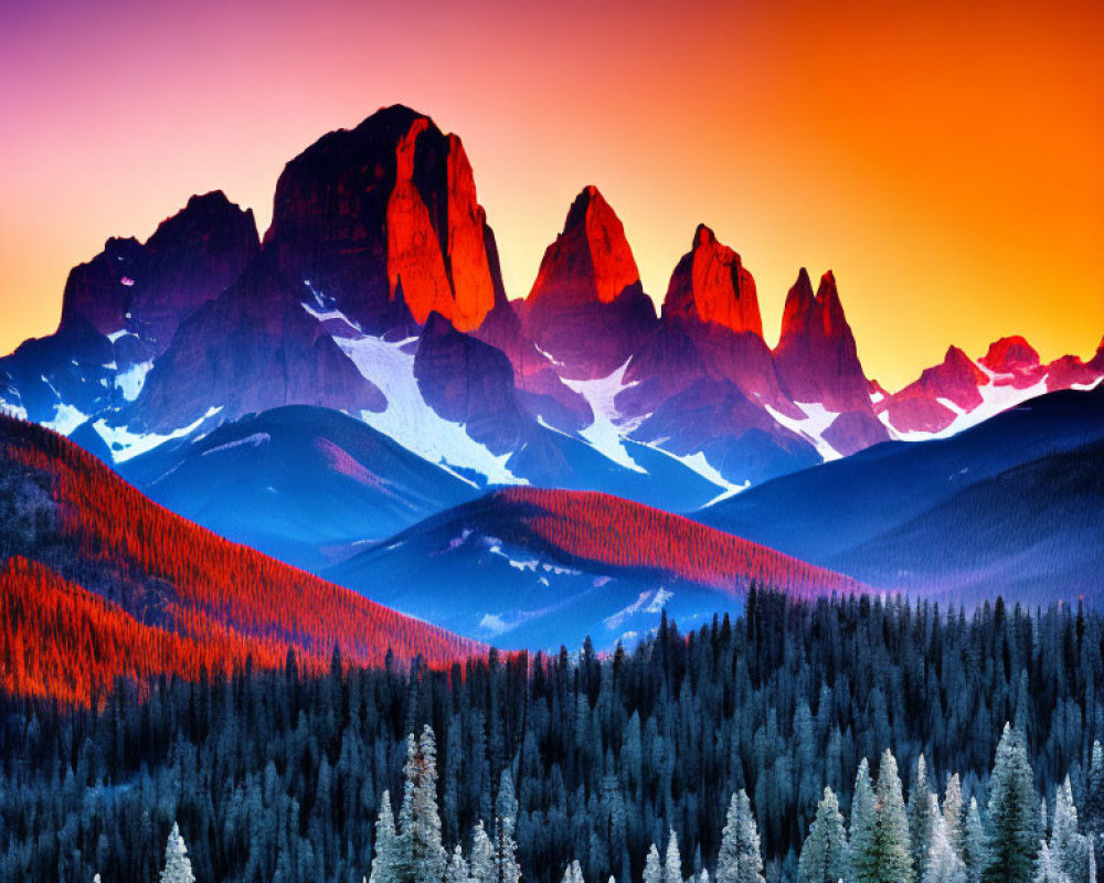 Vibrant sunset over snow-capped mountains and forest landscape