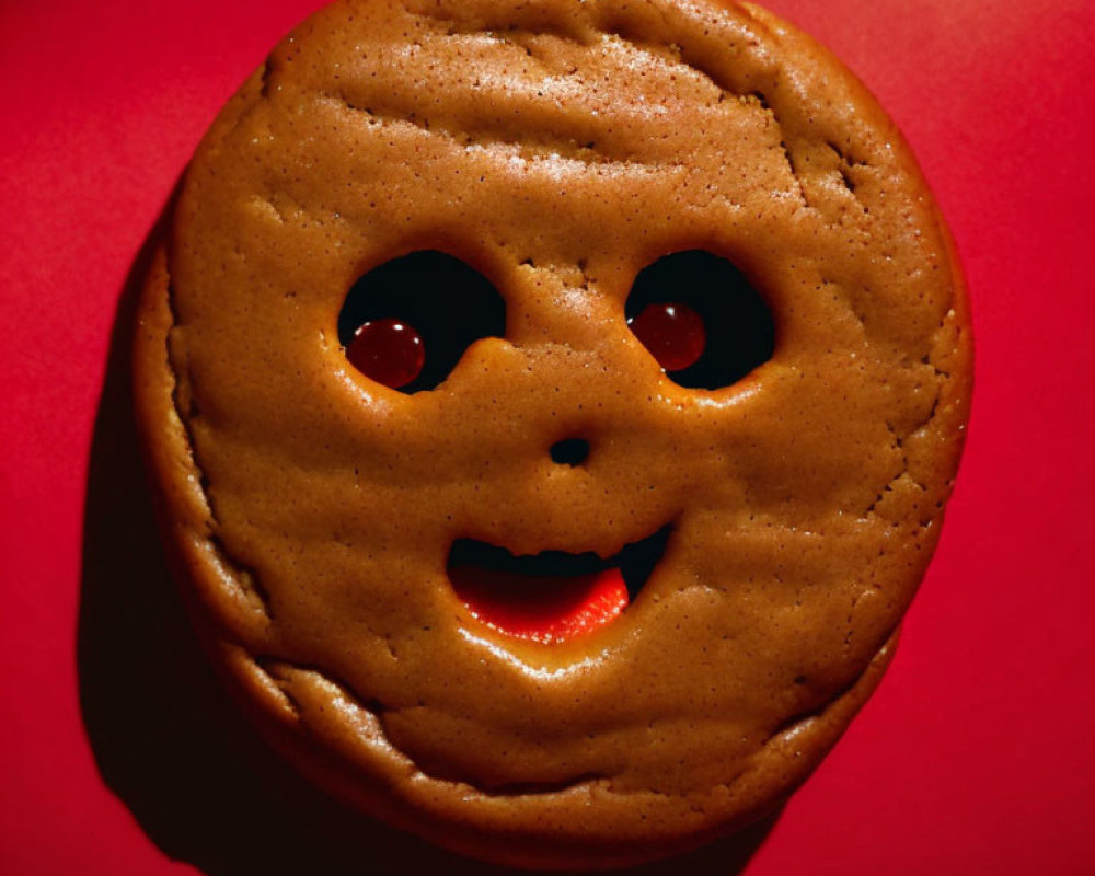 Smiling Face-Shaped Cookie on Red Background with Cut-Out Features