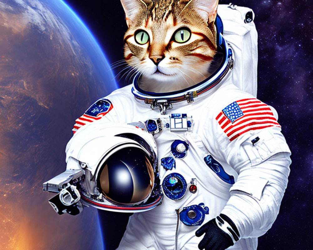 Cat with astronaut body in spacesuit against Earth and space background