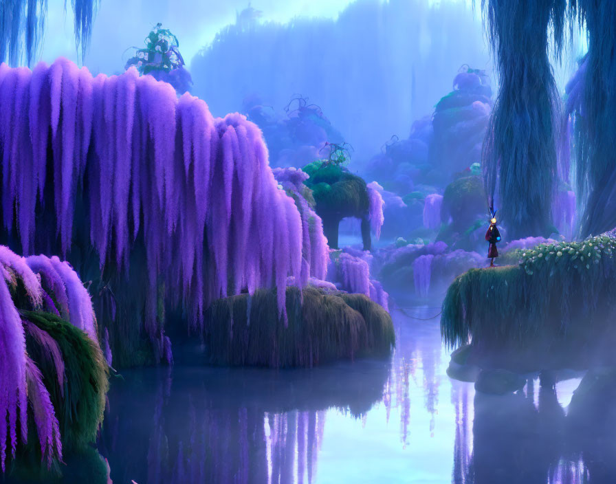 Tranquil animated landscape with purple foliage, misty waterfalls & solitary figure