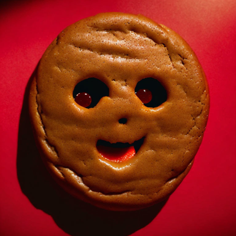 Smiling Face-Shaped Cookie on Red Background with Cut-Out Features